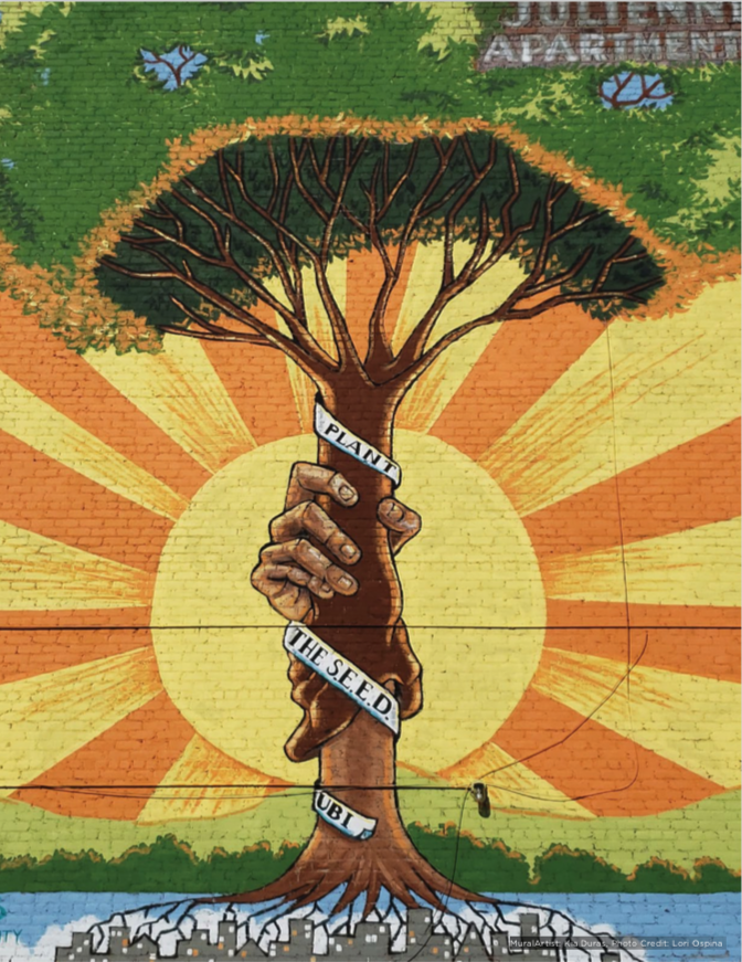 Mural celebrating universal basic income in Stockton, Calif.