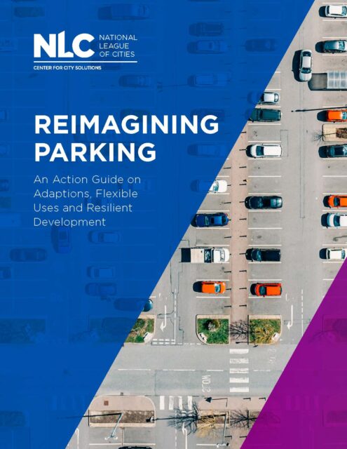A purple and blue cover with the title Reimagining Parking
