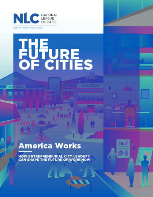 A rectangular cover with a blue rectagular box overlaid on a illustration of a cityscape. The cityscape has green, pink, purple, grey and gold overtones. The text Future of Cities is written in white and left justified at the top of the cover.