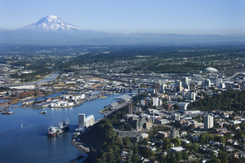 Aerial view of Tacoma and Mt. Ranier in Washington State