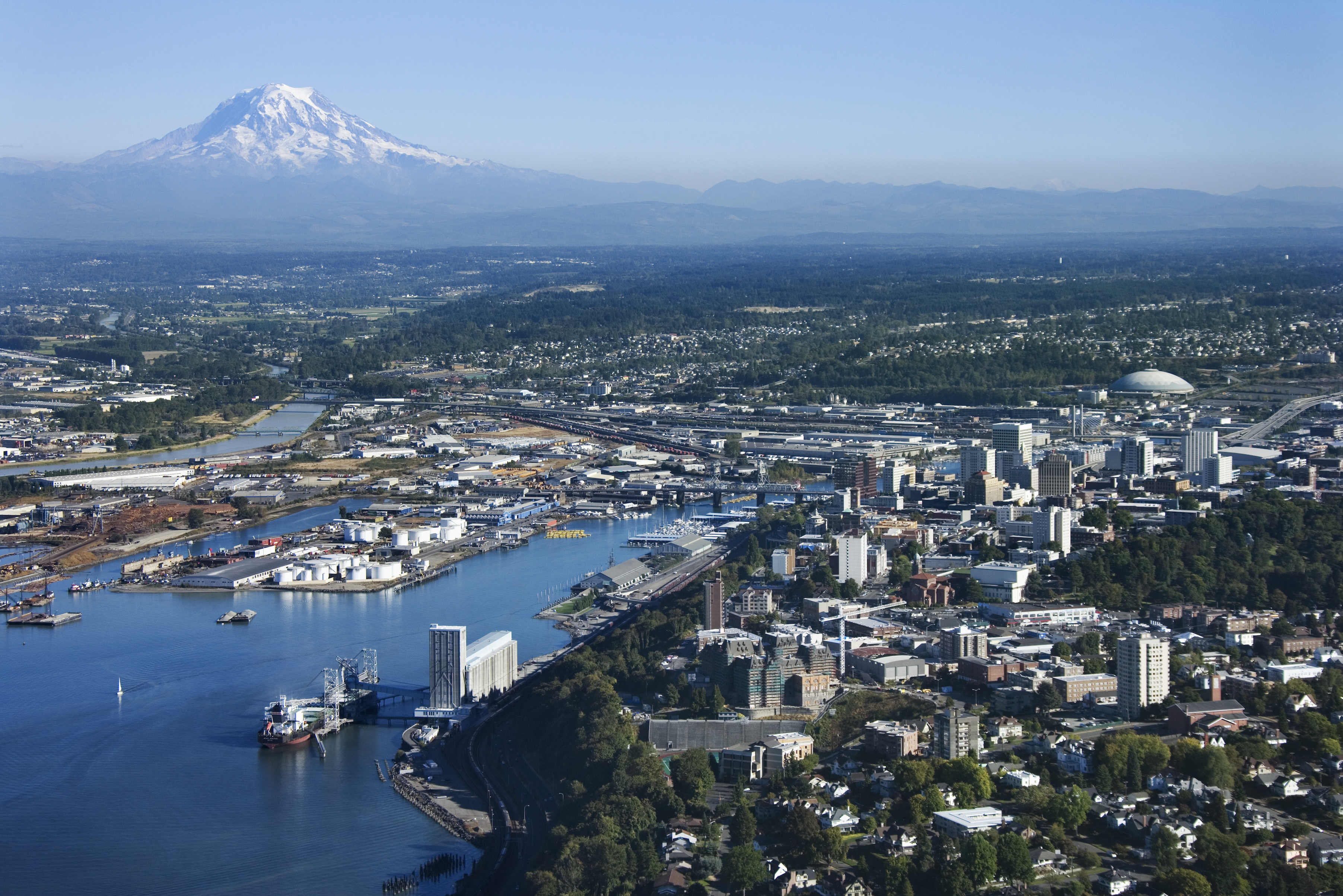 Aerial view of Tacoma and Mt. Ranier in Washington State